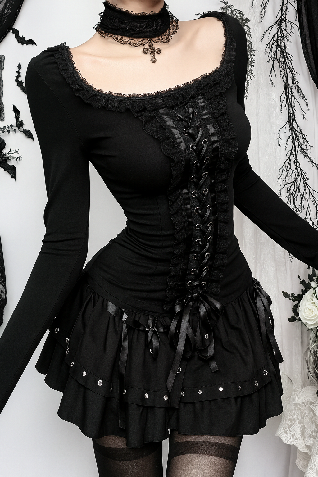 Vesper Lace-Trim Long Sleeve Top – Black