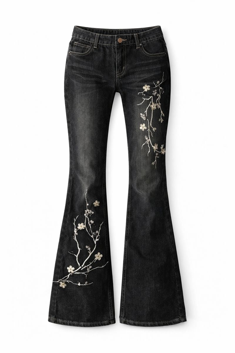 Floral Embroidered Flared Jeans
