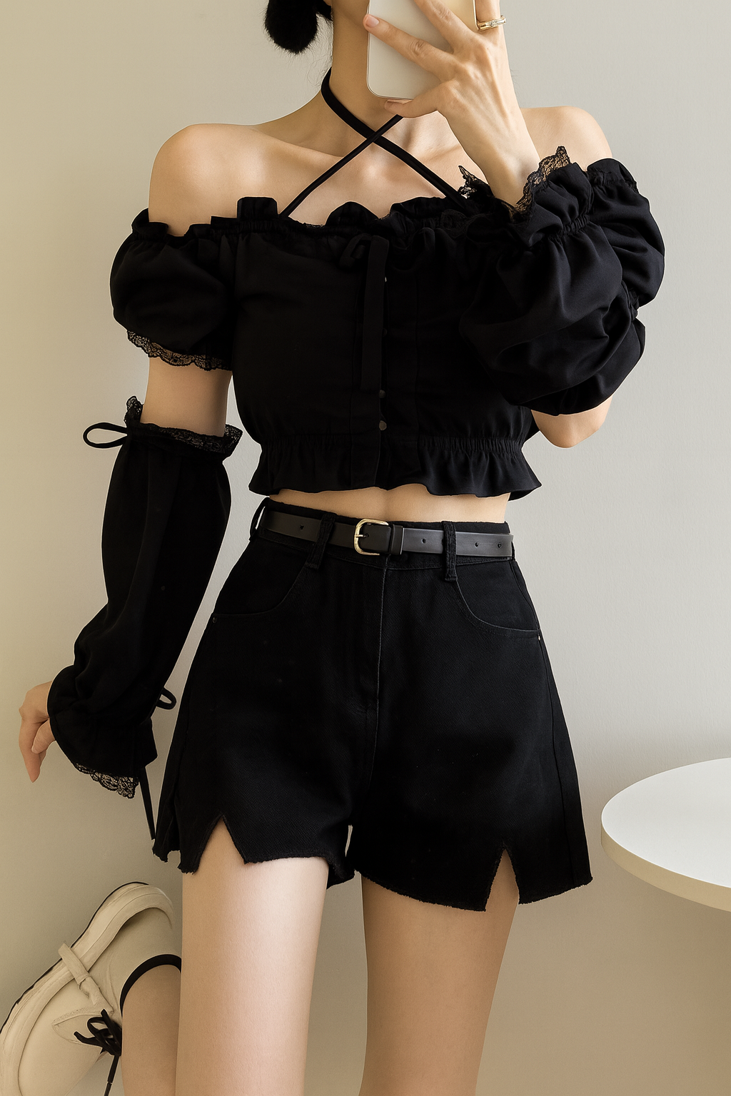 Eclipse Off-Shoulder Drawstring Top – Black