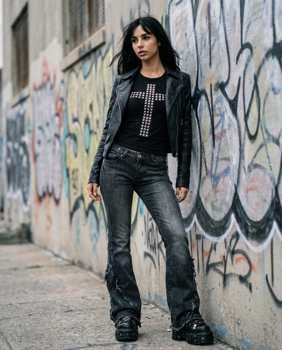 Studded Cross Short Sleeve Top styled outdoors, gothic street fashion editorial
