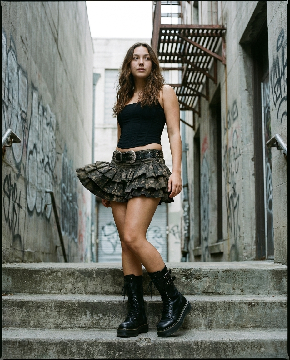 Camo Belted Tiered Mini Skirt styled outdoors, gothic street fashion editorial