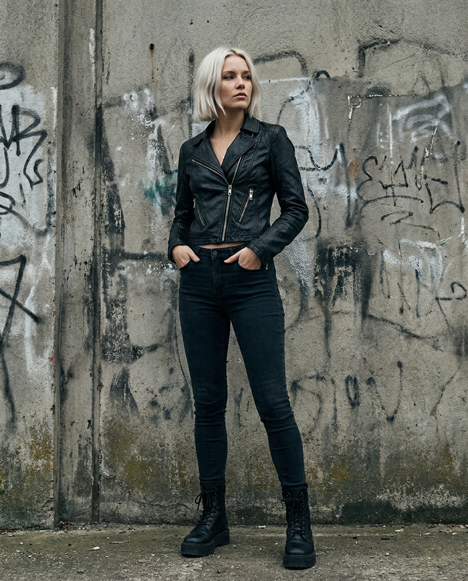 Cropped Leather Jacket styled outdoors, gothic street fashion editorial