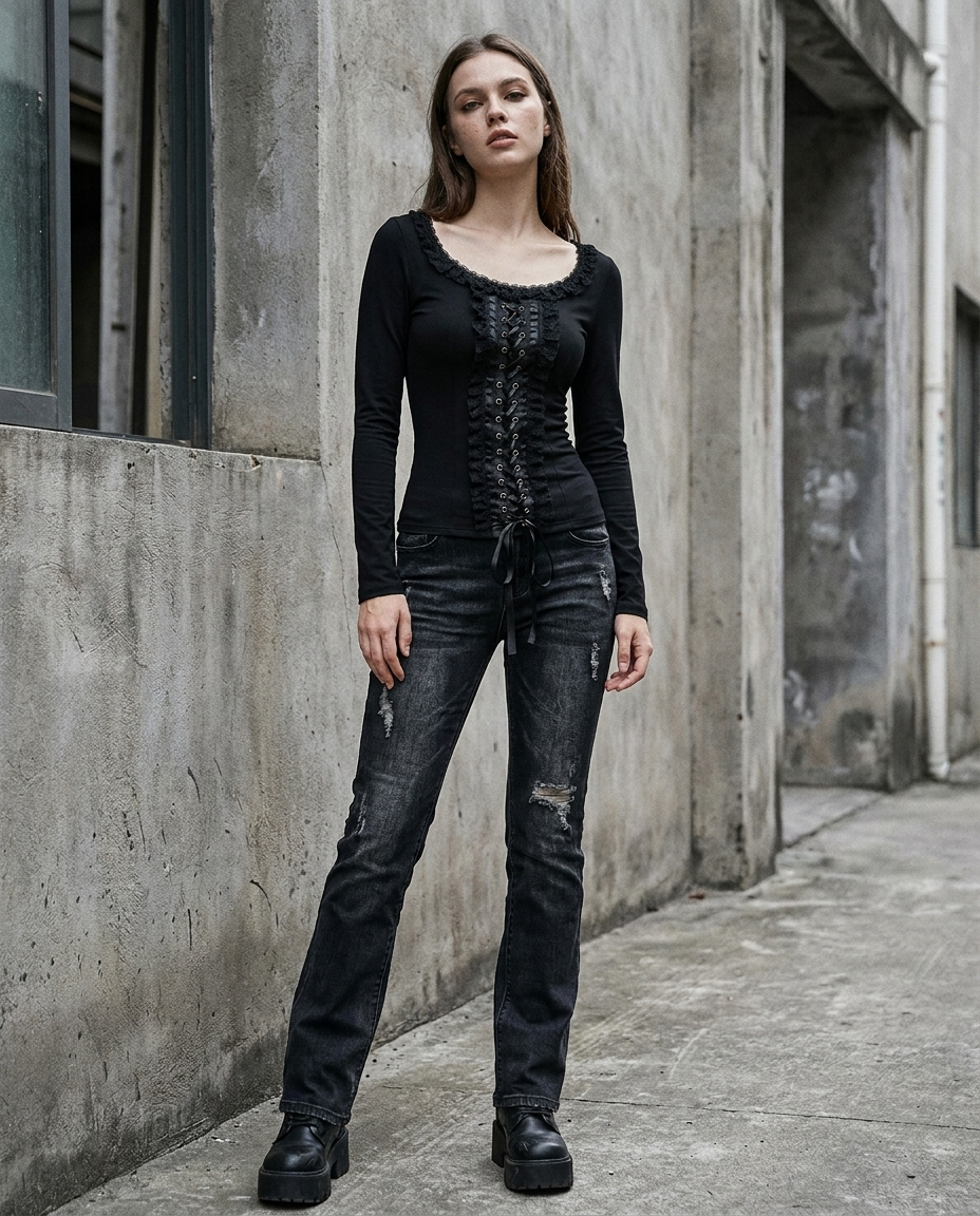Vesper Lace-Trim Long Sleeve Top – Black