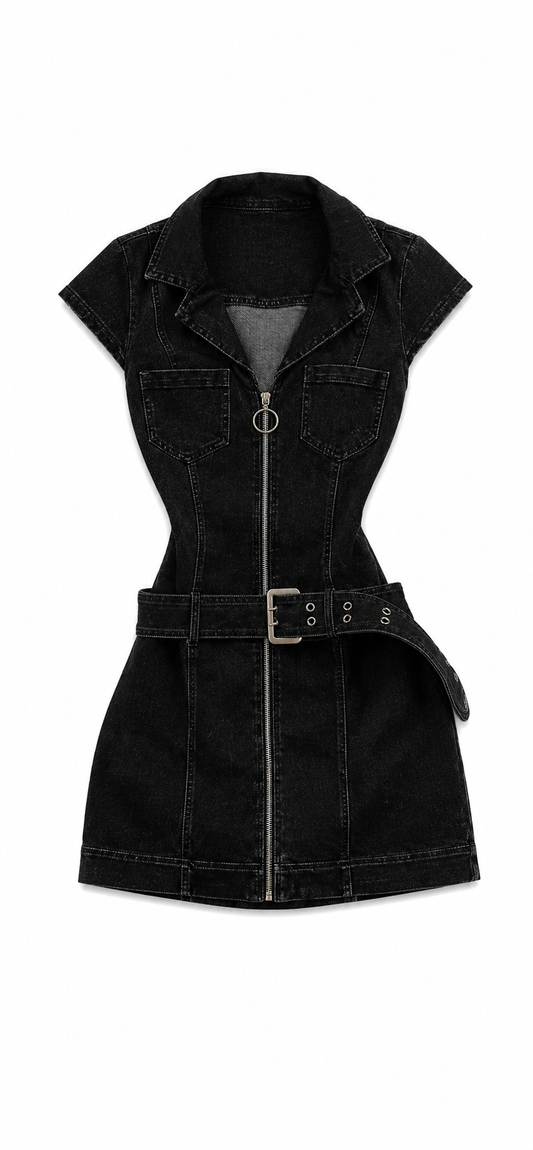 Midnight Zip Denim Mini Dress Black