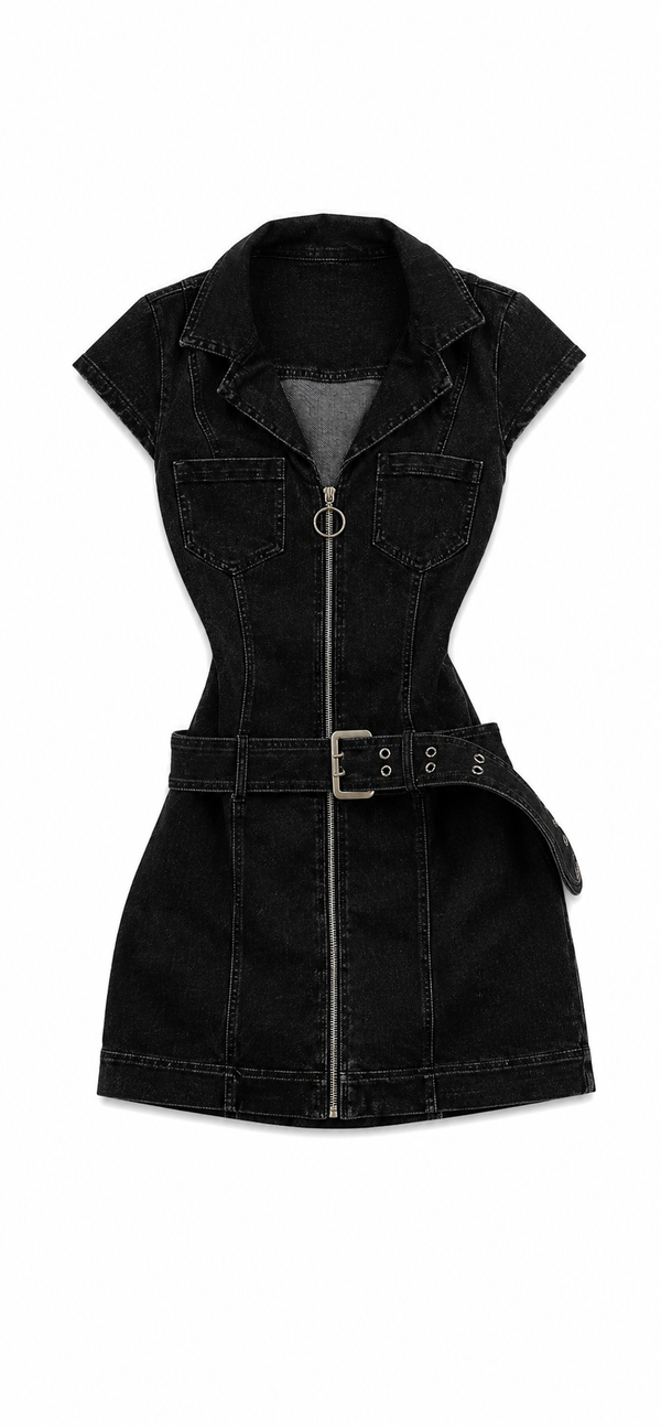 Midnight Zip Denim Mini Dress Black
