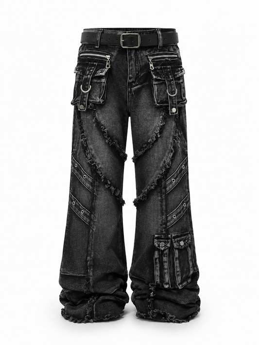 Utility Cargo Distressed Wide-Leg Trousers