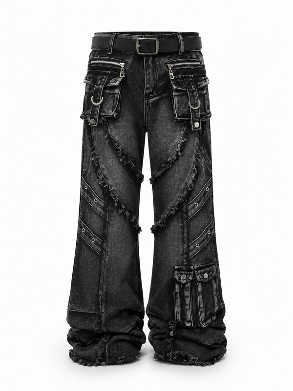 Utility Cargo Distressed Wide-Leg Trousers