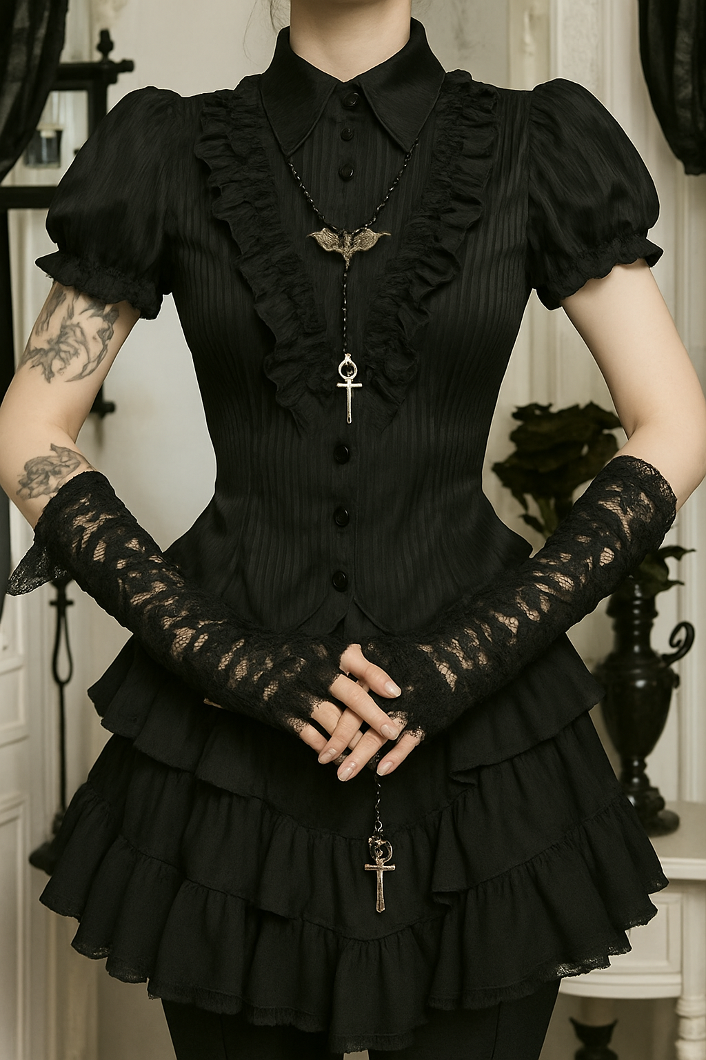 Midnight Ruffle Lace-Up Blouse – Black