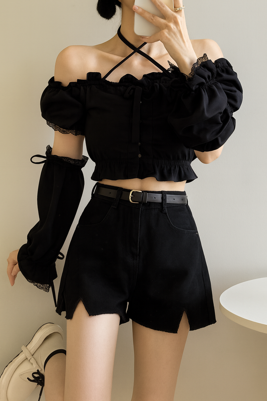 Eclipse Off-Shoulder Drawstring Top – Black