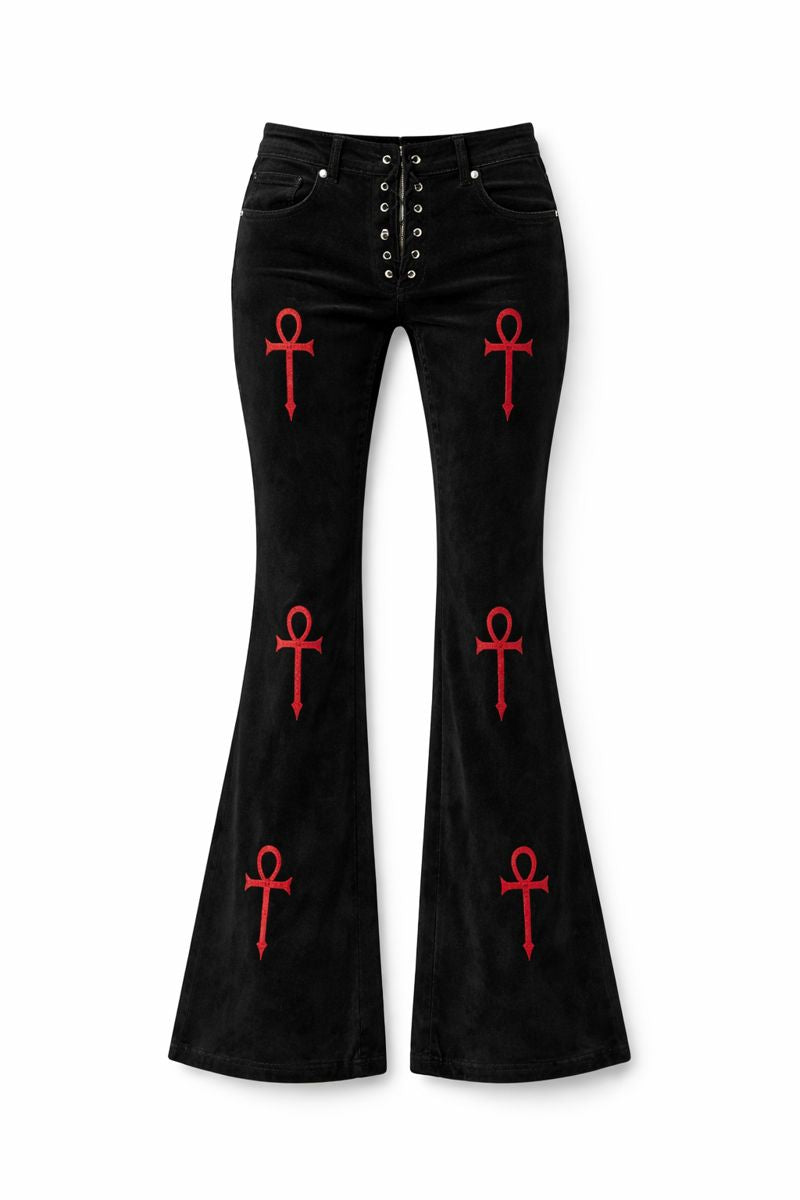 Shadow Emblem Velvet Flare Pants – Black