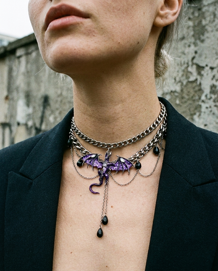 Lunar Dragon Layered Choker Necklace – Purple